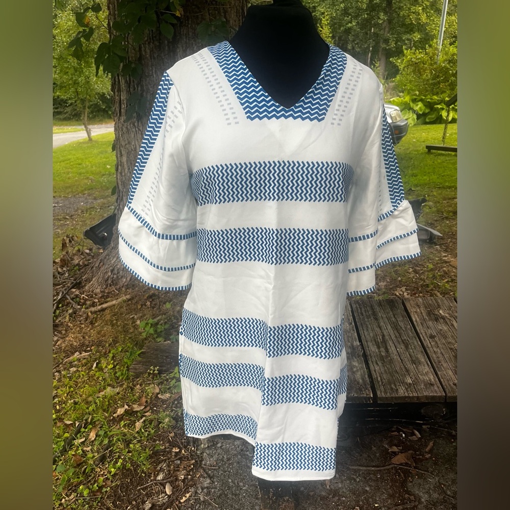 WHITE & BLUE GEOMETRIC DESIGN MIDI DRESS WOMENS MEDIUM